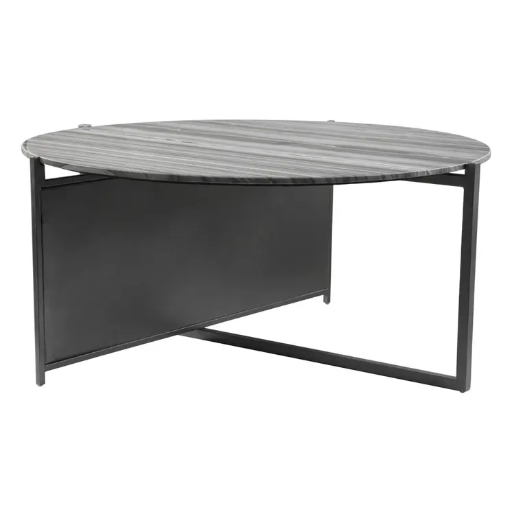 36" Gray and Black Faux Marble And Steel Round Coffee Table
