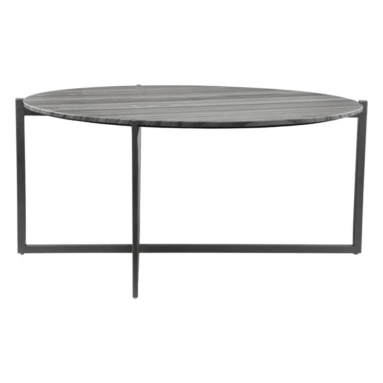 36" Gray and Black Faux Marble And Steel Round Coffee Table