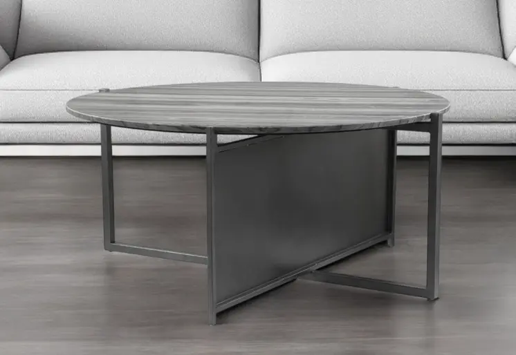 36" Gray and Black Faux Marble And Steel Round Coffee Table