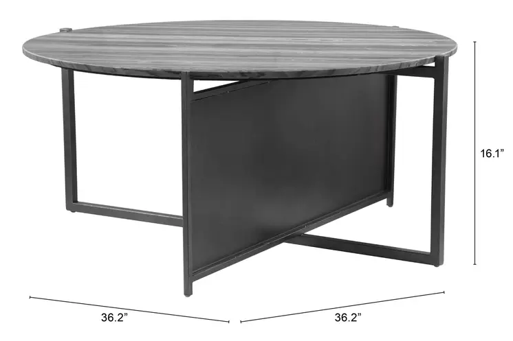 36" Gray and Black Faux Marble And Steel Round Coffee Table