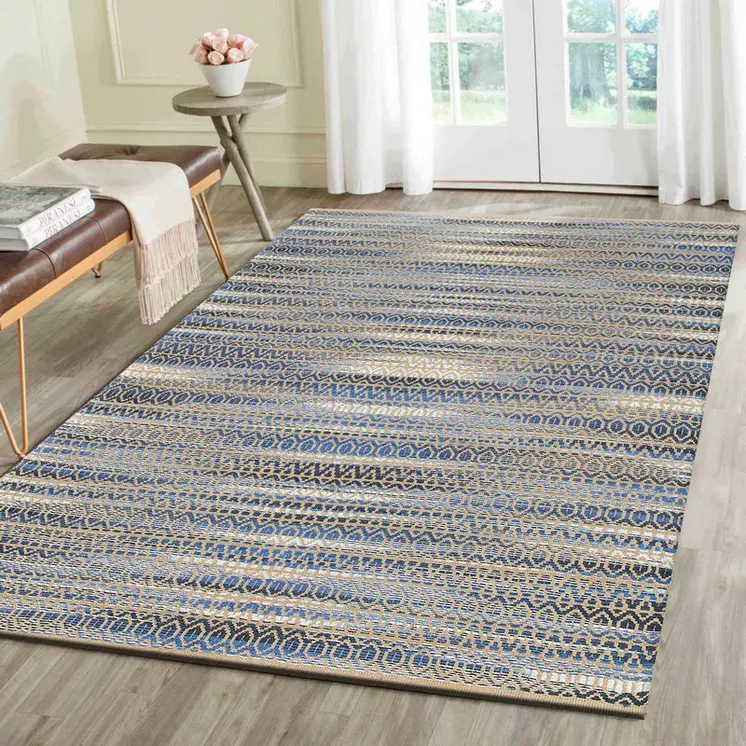 9' X 12' Round Navy and Tan Striated Area Rug