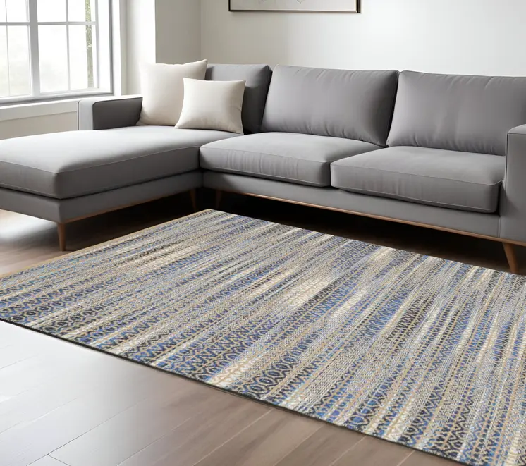 9' X 12' Round Navy and Tan Striated Area Rug