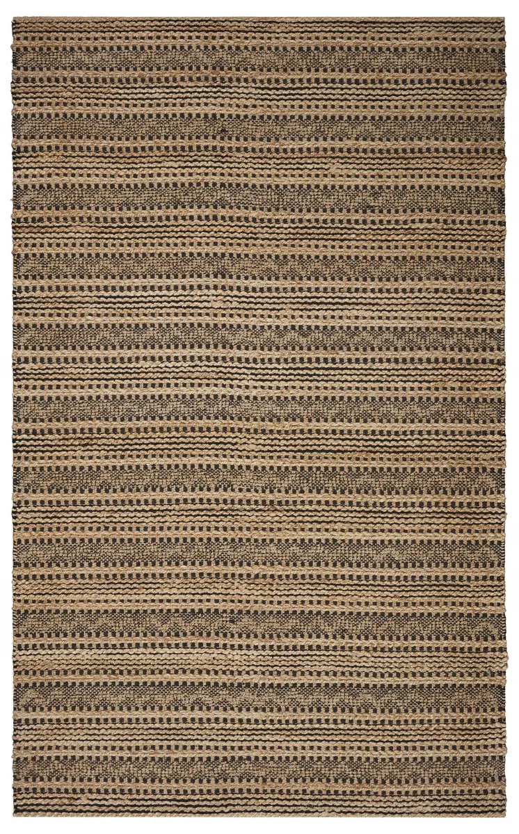 9' X 13' Tan and Black Intricate Striped Area Rug