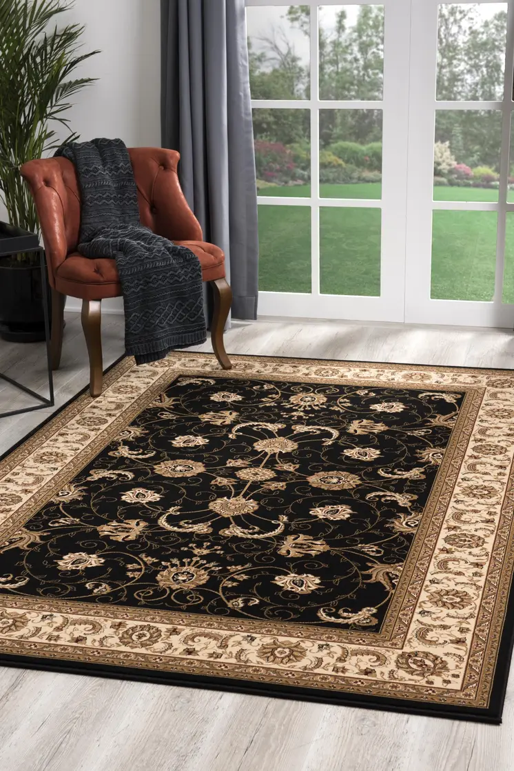 5' X 8' Black and Ivory Oriental Power Loom Area Rug