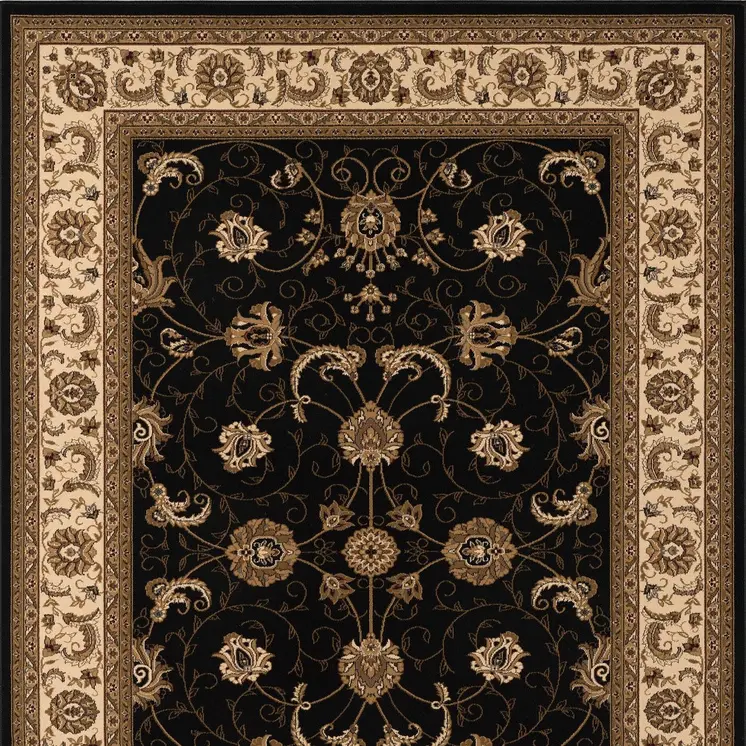 5' X 8' Black and Ivory Oriental Power Loom Area Rug