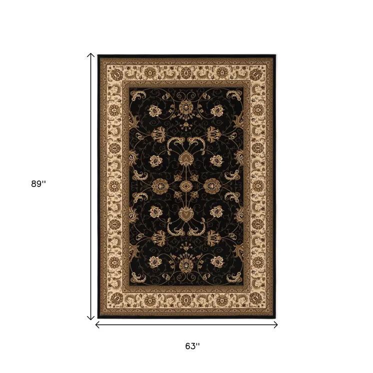 5' X 8' Black and Ivory Oriental Power Loom Area Rug