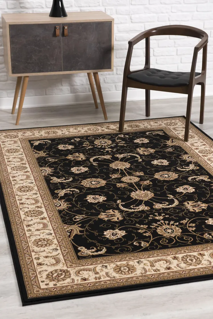 7' X 9' Black And Ivory Oriental Area Rug