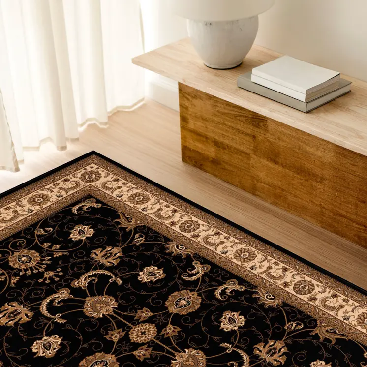7' X 9' Black And Ivory Oriental Area Rug