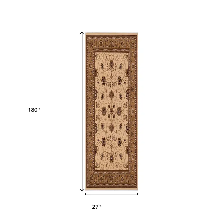 15' Beige And Ivory Oriental Runner Rug