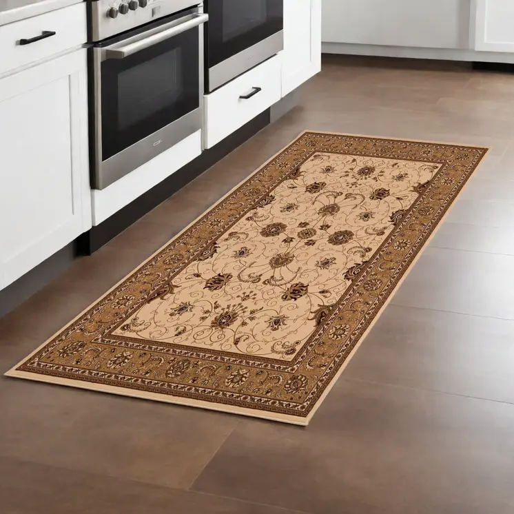 8' Beige And Ivory Oriental Runner Rug