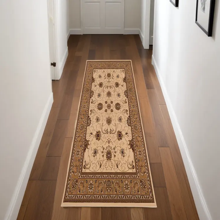 8' Beige And Ivory Oriental Runner Rug