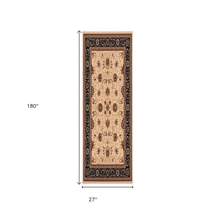 15' Black And Ivory Oriental Runner Rug