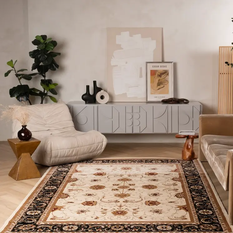 5' X 8' Black And Ivory Oriental Area Rug