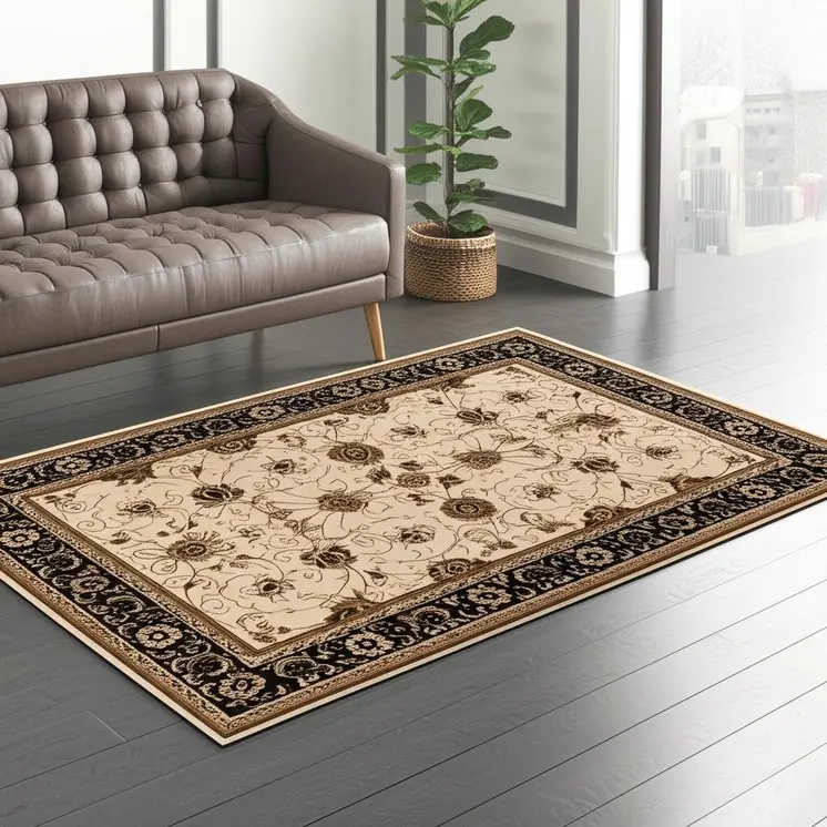 5' X 8' Black And Ivory Oriental Area Rug