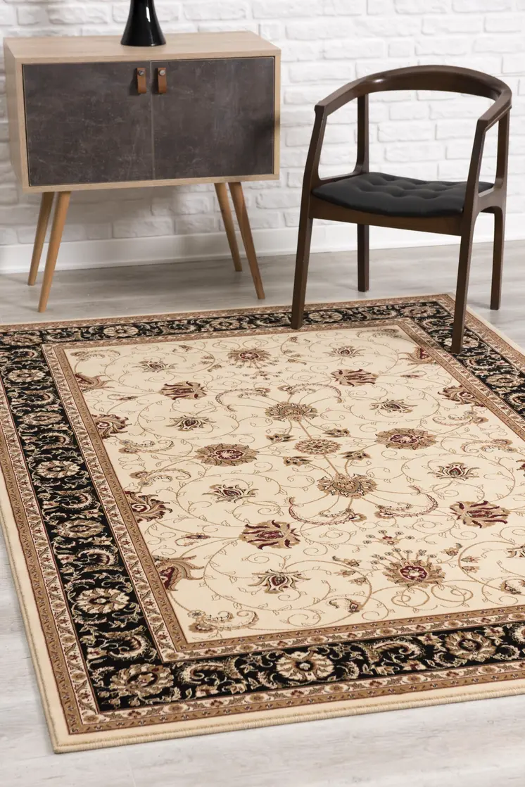 7' X 9' Black And Ivory Oriental Area Rug