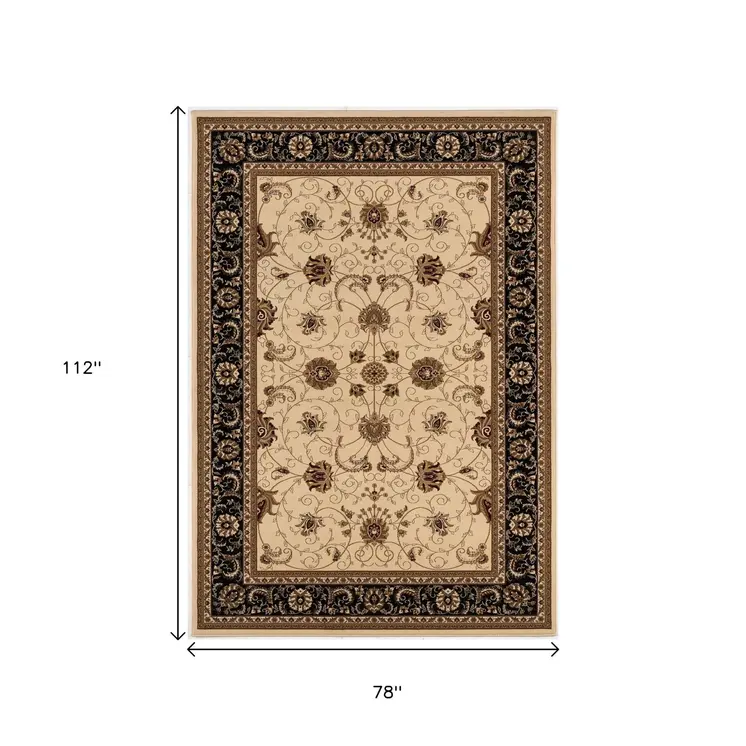 7' X 9' Black And Ivory Oriental Area Rug
