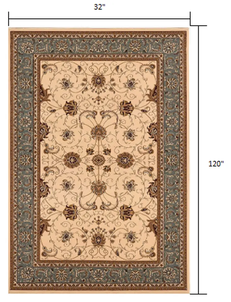 10' Blue And Ivory Oriental Runner Rug