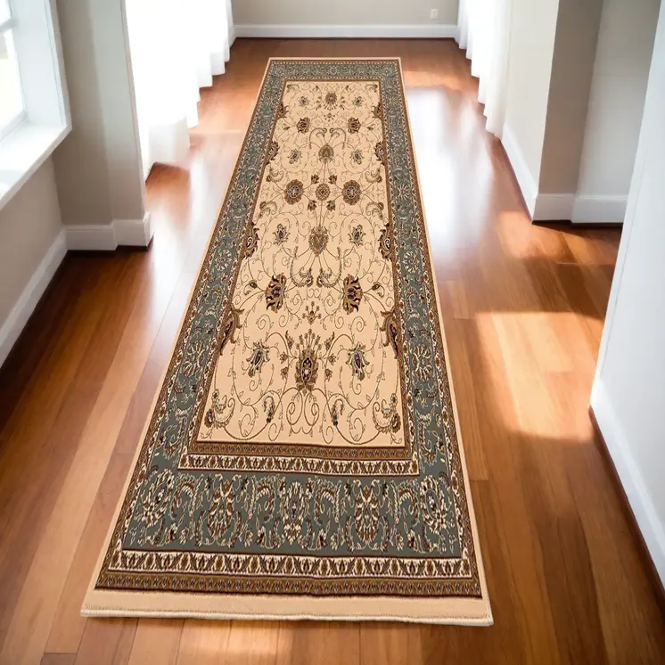 15' Blue And Ivory Oriental Runner Rug