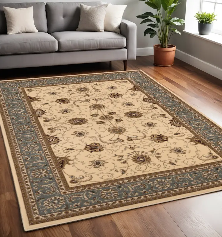 5' X 8' Blue And Ivory Oriental Area Rug