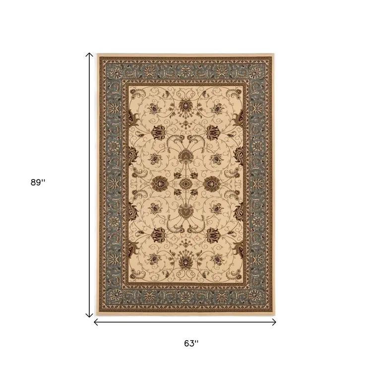 5' X 8' Blue And Ivory Oriental Area Rug