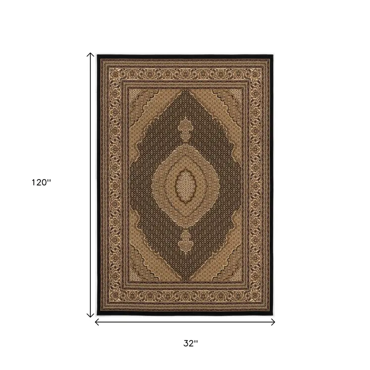 10' Beige And Black Medallion Runner Rug