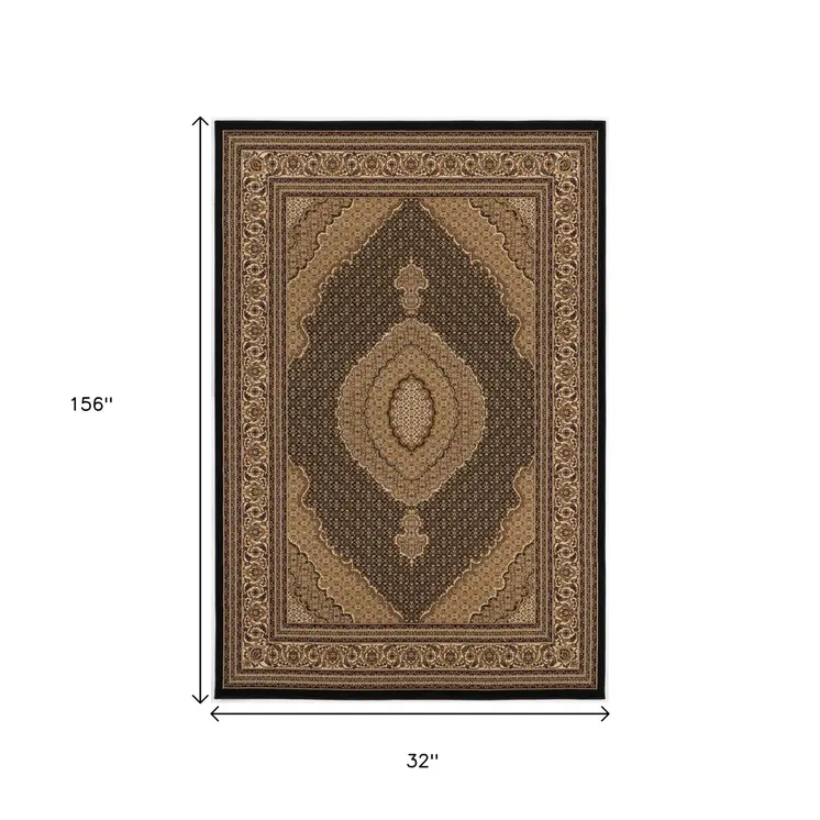 13' Beige And Black Medallion Runner Rug