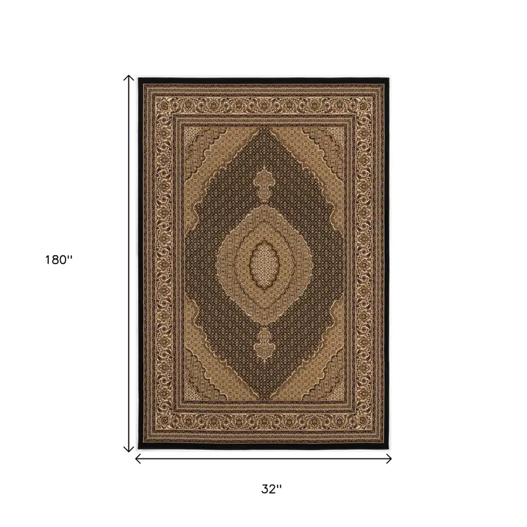 15' Beige And Black Medallion Runner Rug