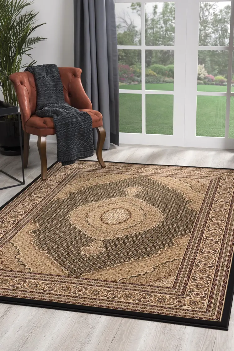 8' Beige And Black Medallion Runner Rug