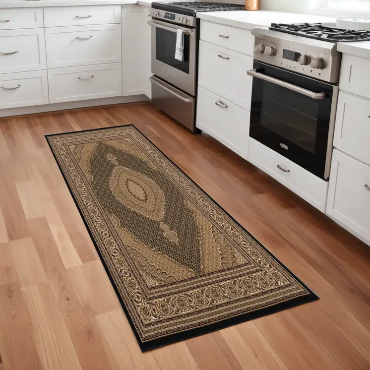 8' Beige And Black Medallion Runner Rug