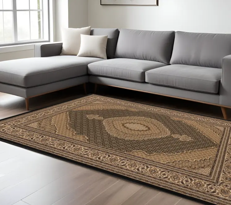 8' X 11' Beige and Black Medallion Power Loom Area Rug