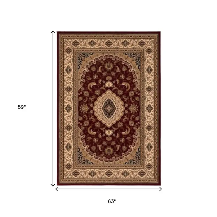 5' X 8' Red and Beige Floral Medallion Power Loom Area Rug