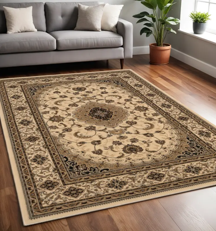 5' X 8' Beige and Black Floral Medallion Power Loom Area Rug