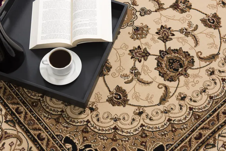 5' X 8' Beige and Black Floral Medallion Power Loom Area Rug
