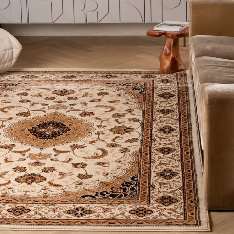 5' X 8' Beige and Black Floral Medallion Power Loom Area Rug