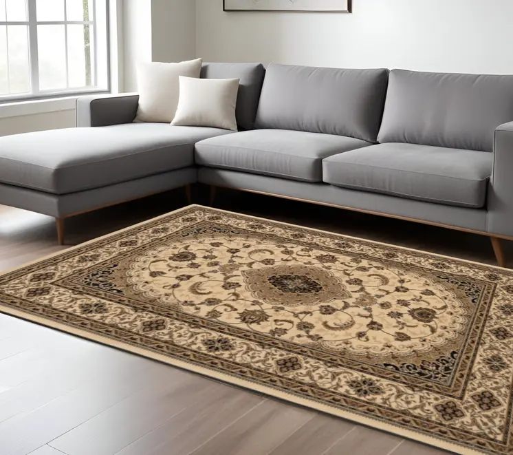 8' X 11' Beige and Black Floral Medallion Power Loom Area Rug