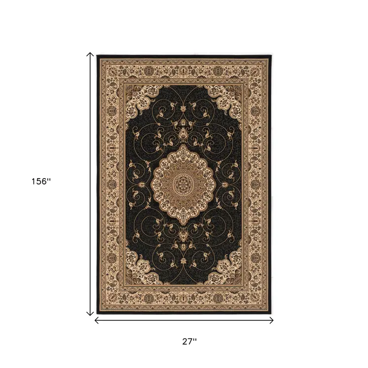 13' Beige And Black Medallion Runner Rug