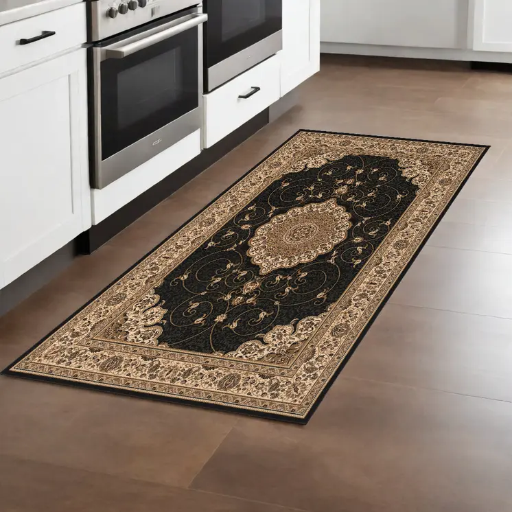 8' Beige And Black Medallion Runner Rug