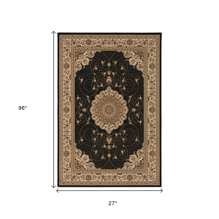 8' Beige And Black Medallion Runner Rug