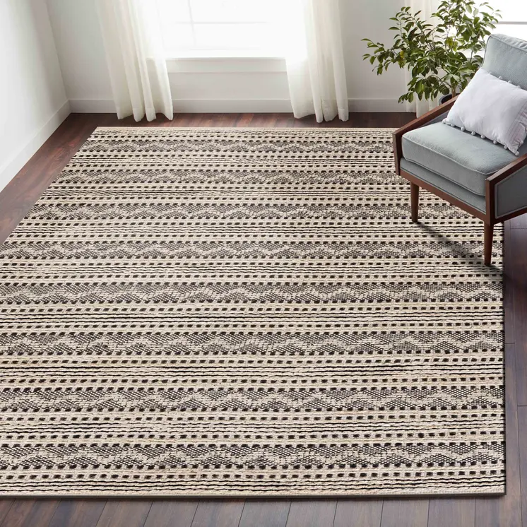 9' X 12' Black and Blush Chevron Stripe Area Rug