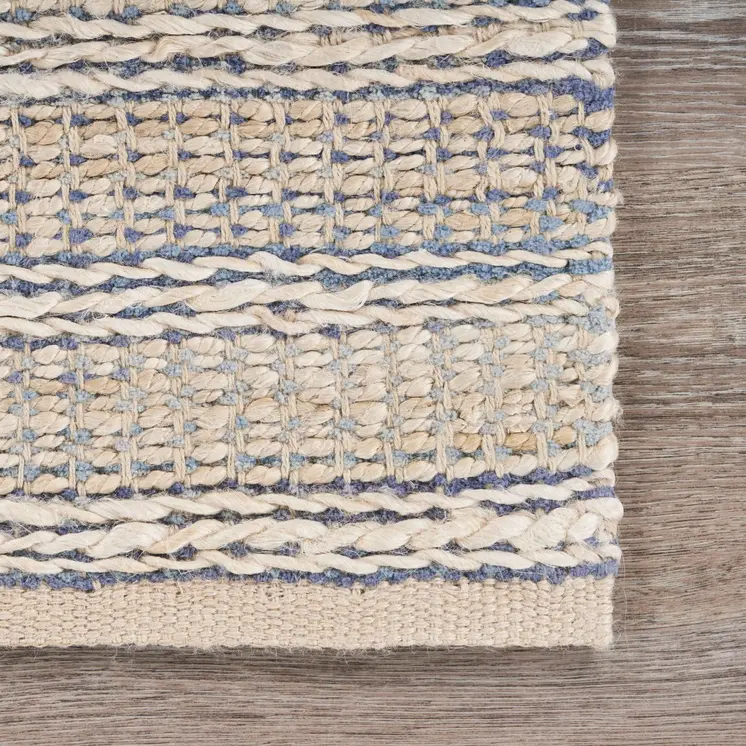 5' X 8' Blue and Cream Braided Jute Area Rug