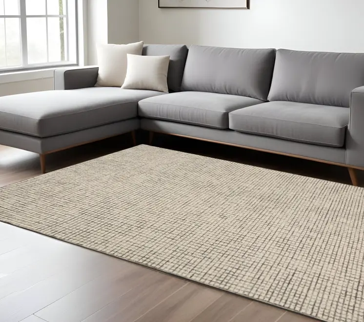 9' X 12' Tan and Ivory Grid Area Rug