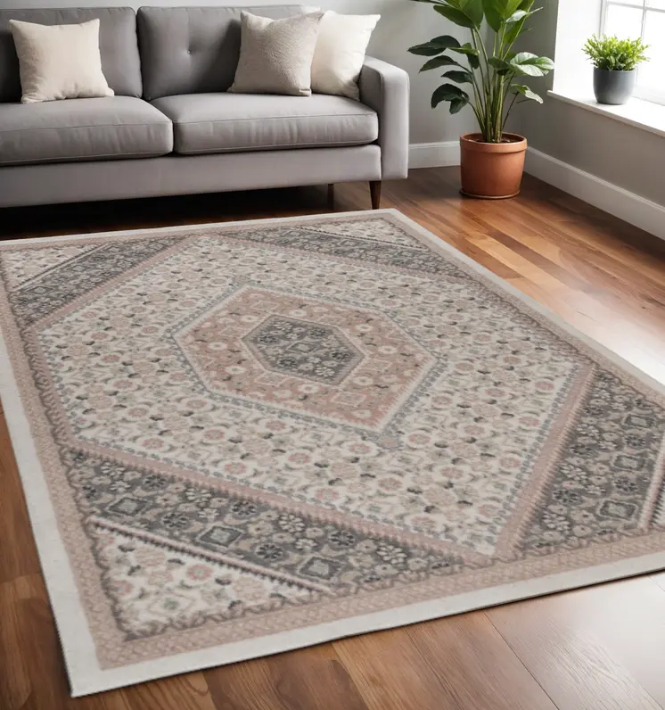 5' X 7' Gray and Blush Traditional Area Rug