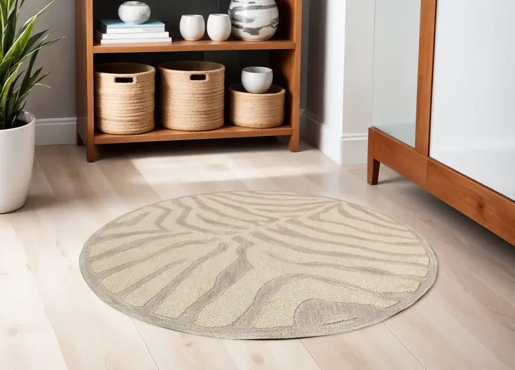 5' Round Taupe Zebra Pattern Area Rug