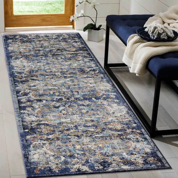 2' X 9' Blue and White Jacobean Pattern Runner Rug