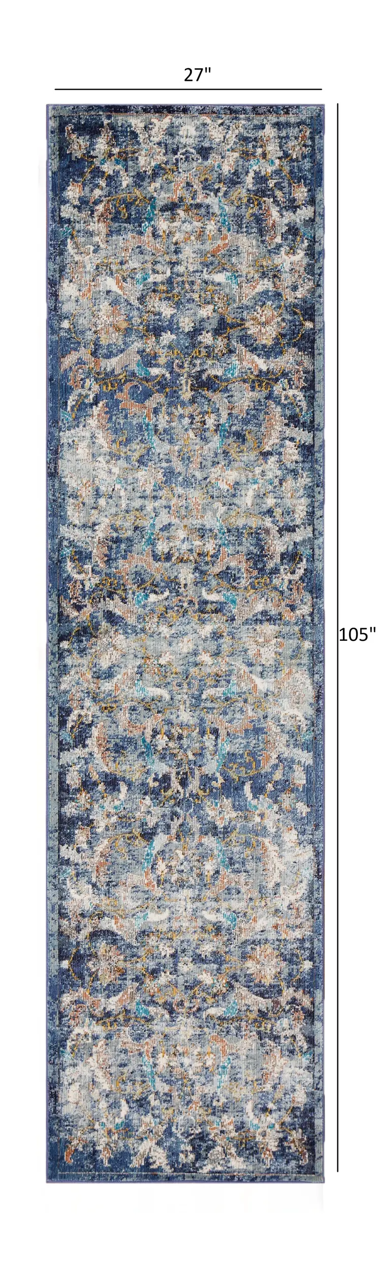 2' X 9' Blue and White Jacobean Pattern Runner Rug
