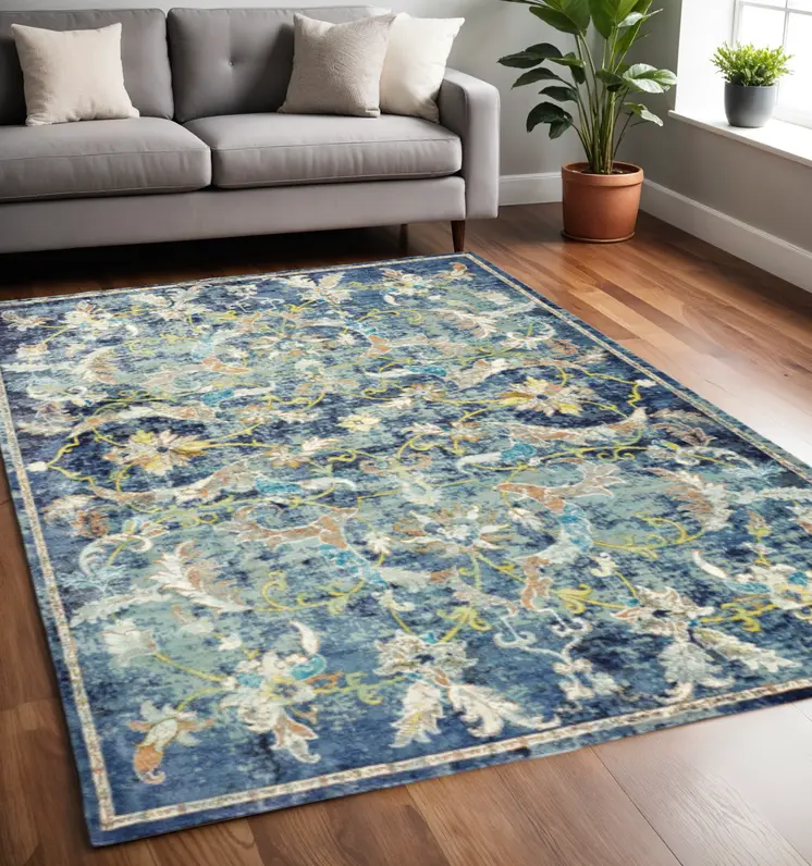 5' X 8' Blue and White Jacobean Pattern Area Rug