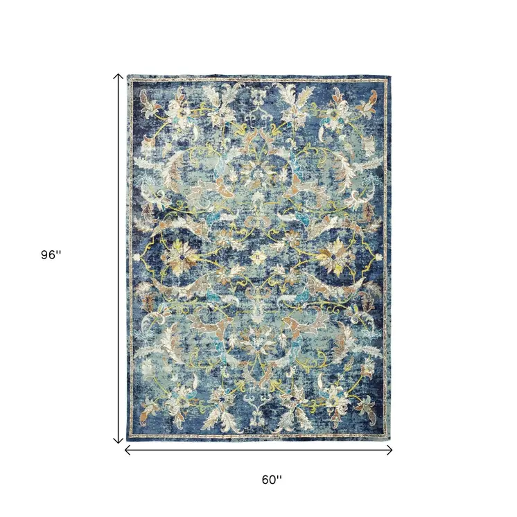 5' X 8' Blue and White Jacobean Pattern Area Rug