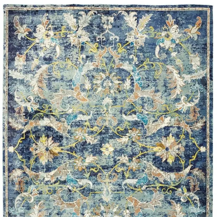 8' X 10' Blue and White Jacobean Pattern Area Rug