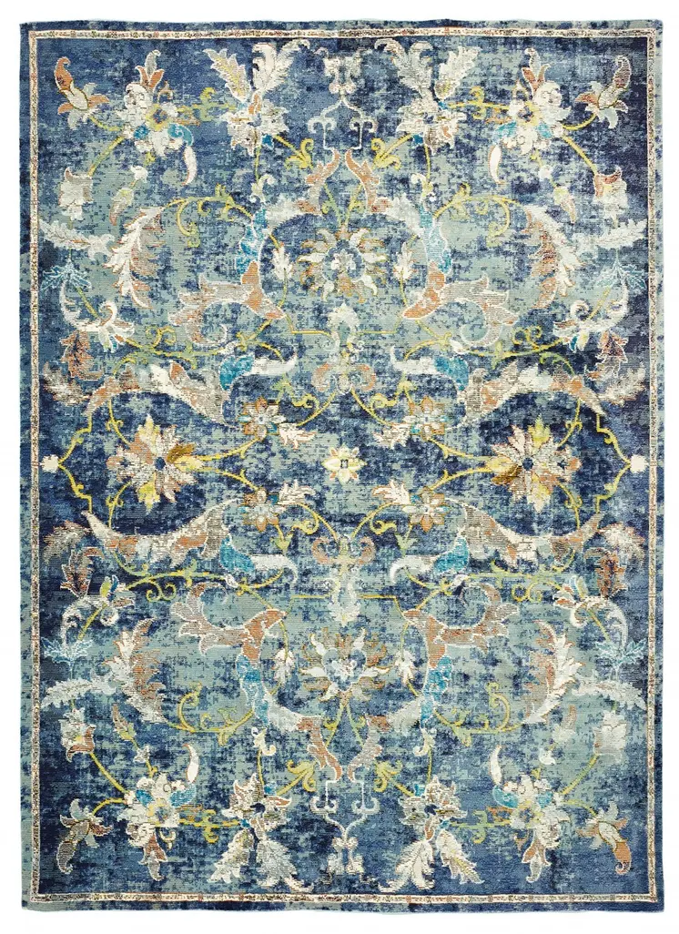 8' X 10' Blue and White Jacobean Pattern Area Rug