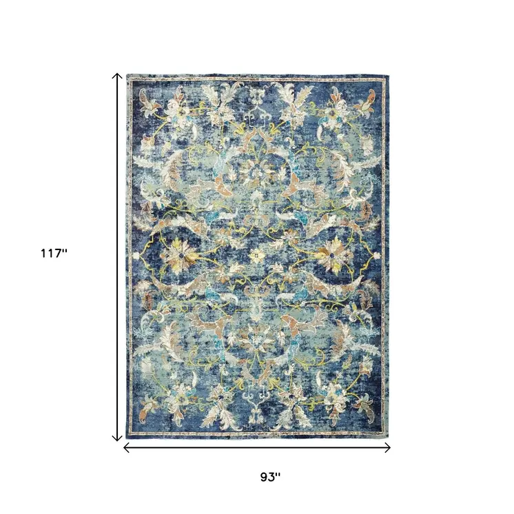 8' X 10' Blue and White Jacobean Pattern Area Rug